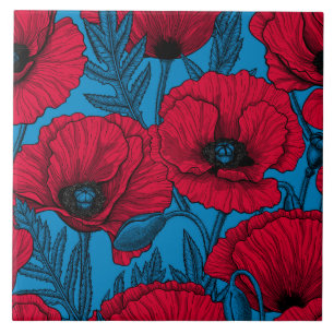 Roter Mohngarten auf blau Fliese