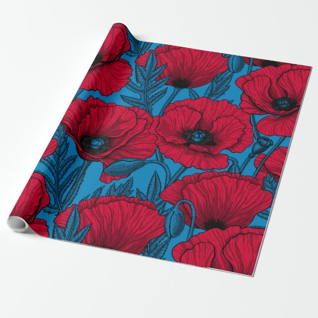 Roter Mohngarten auf blau Geschenkpapier (Ungerollt)