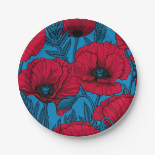Roter Mohngarten auf blau Pappteller