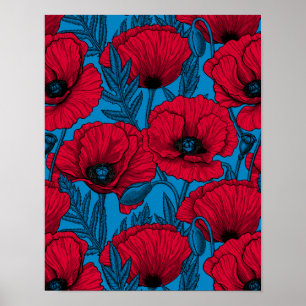 Roter Mohngarten auf blau Poster