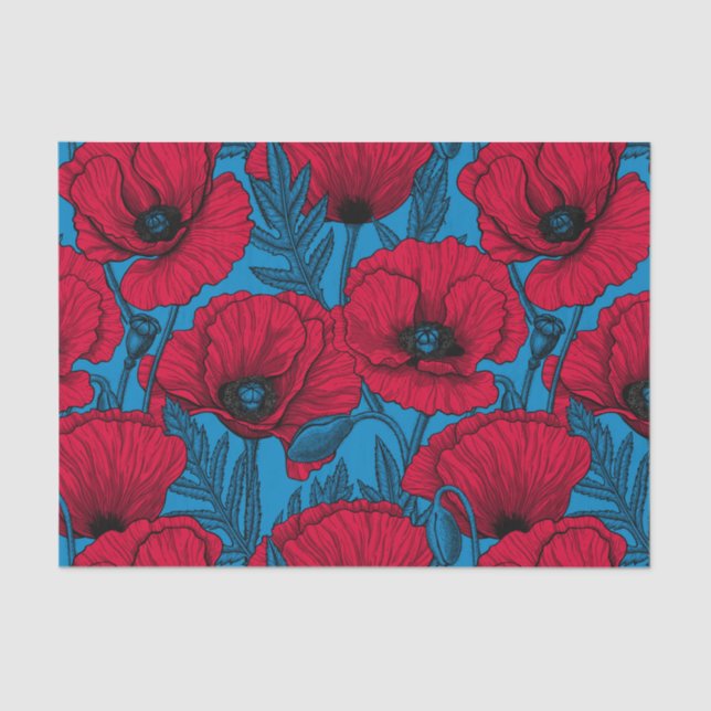 Roter Mohngarten auf blau Seidenpapier (Vorderseite)