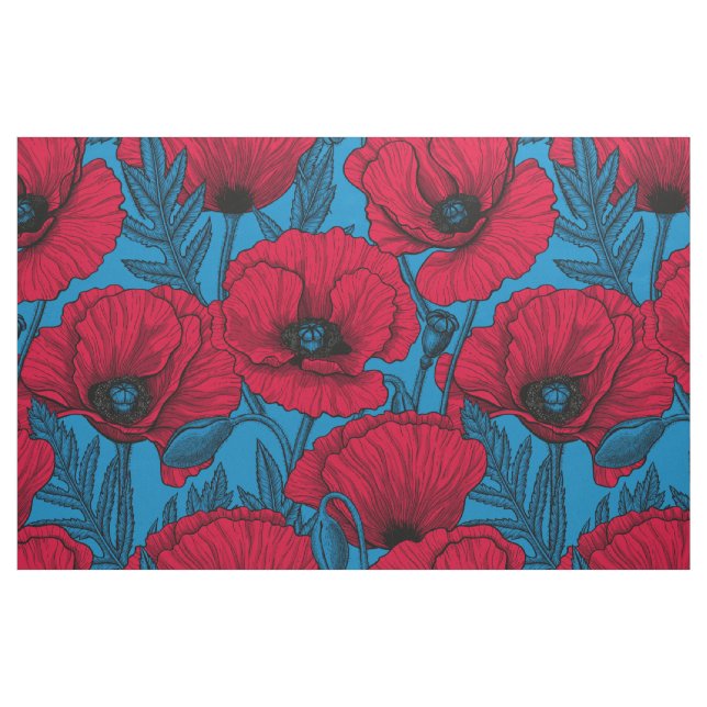 Roter Mohngarten auf blau Stoff (Fat Quarter (45,7 x 55,9 cm))
