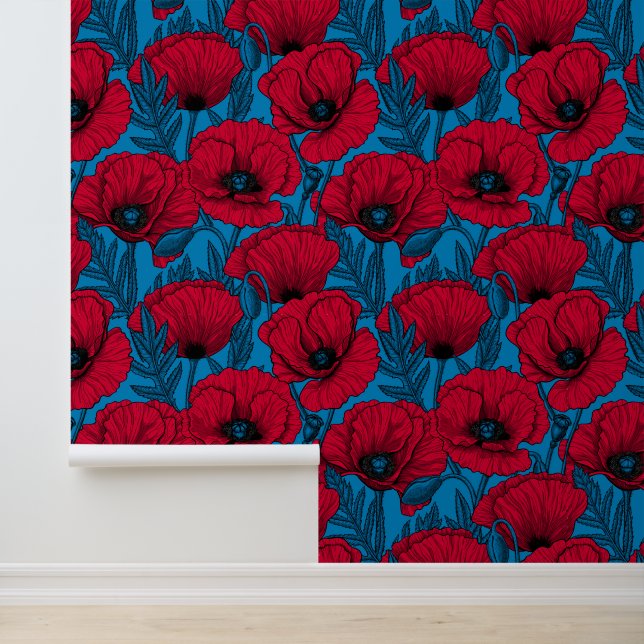 Roter Mohngarten auf blau Tapete (Anwendung)