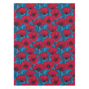 Roter Mohngarten auf blau Tischdecke