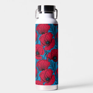 Roter Mohngarten auf blau Trinkflasche