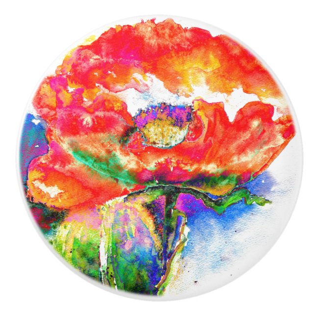 Roter Mohnklassiker mit roter Blüte Keramikknauf (Vorderseite)