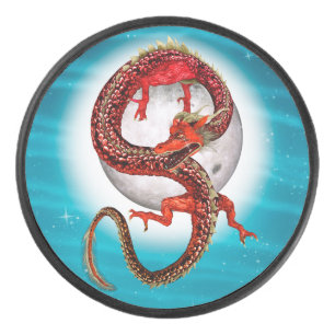 Roter Mond-Drache Himmels-Fantasy-Kunst Eishockey Puck