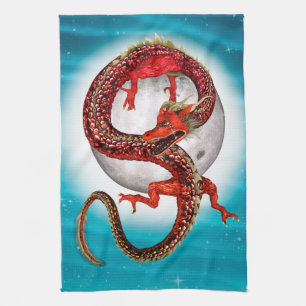 Roter Mond-Drache Himmels-Fantasy-Kunst Geschirrtuch