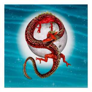 Roter Mond-Drache Himmels-Fantasy-Kunst Poster