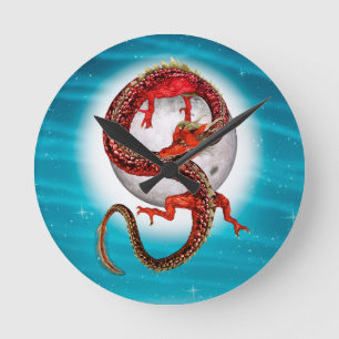 Roter Mond-Drache Himmels-Fantasy-Kunst Runde Wanduhr