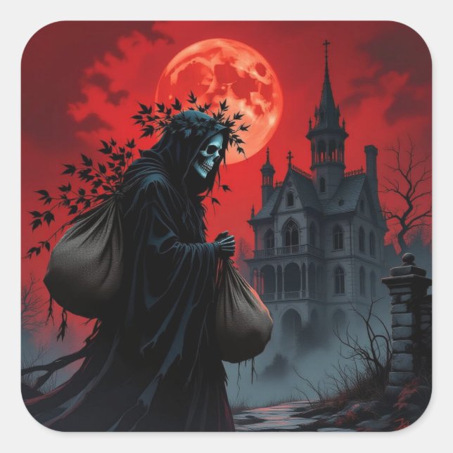 Roter Mond Halloween Quadratischer Aufkleber (Vorderseite)