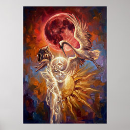 Roter Mond Kranich Symbolisches Kunstposter Poster