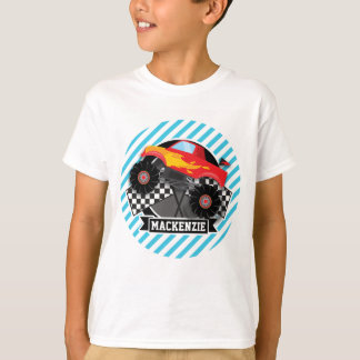 roter Monster-Lkw; karierte Flagge; blaue Streifen T-Shirt