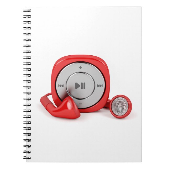 Roter MP3-Player und verdrahtete Kopfhörer Notizblock (Vorderseite)