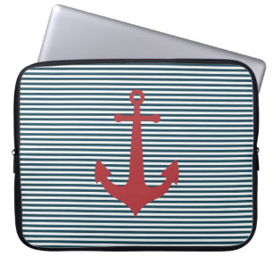 Roter nautischer Anker auf gestreiften blauen Hint Laptopschutzhülle