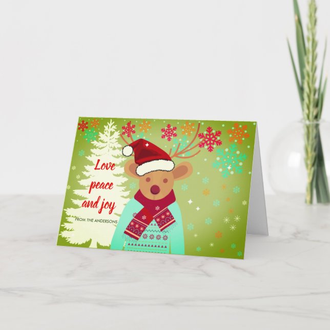 Roter Niedlicher Rentier Weihnachtsbaum Snowflake  Karte (Vorderseite)