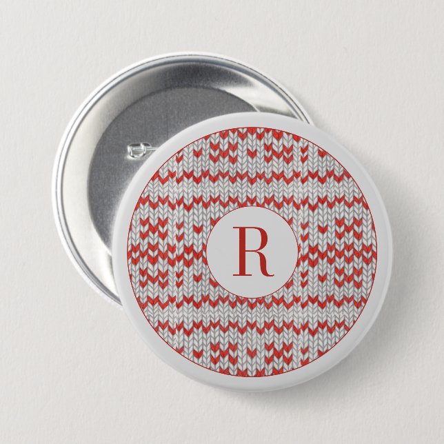 ROTER NORDISCHER STRICKRUNDE PIN MIT BUCHSTABE BUTTON (Vorne & Hinten)
