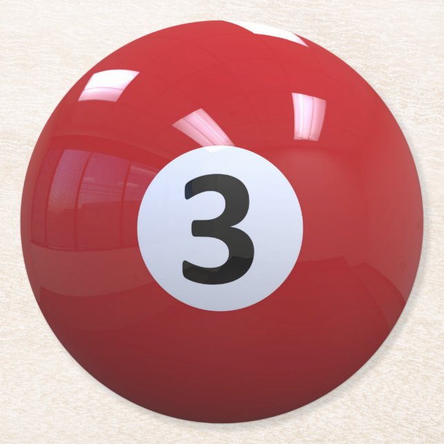 Roter Nr. 3- Billard-Pool-Ball Runder Pappuntersetzer (Vorderseite)