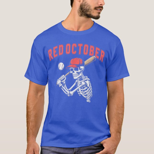 Roter Oktober Lustiges Halloween Baseball Skelett  T-Shirt (Vorderseite)