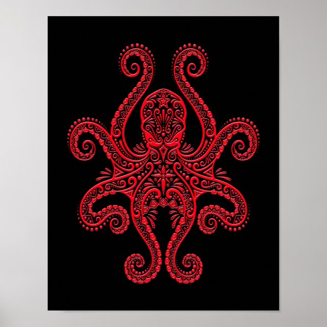 Roter Oktopus auf Schwarz Poster (Vorne)