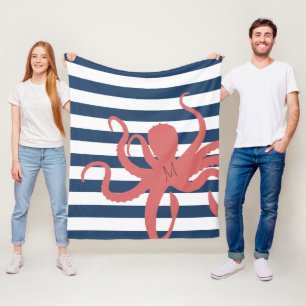 Roter Oktopus moderne Strand weiß navyblaue Streif Fleecedecke