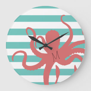 Roter Oktopus moderne Strand weiß türkis gestreift Große Wanduhr