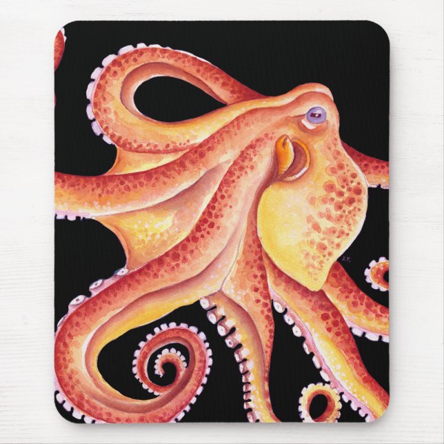 Roter Oktopus: Schwarze Wasserfarbe Kunst Mousepad (Vorne)