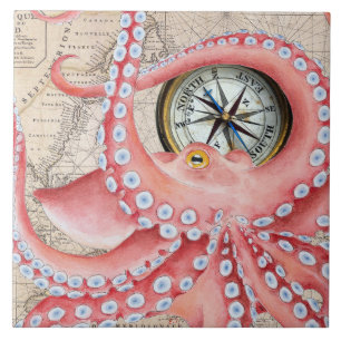 Roter Oktopus Vintage-Kartenkompass Fliese