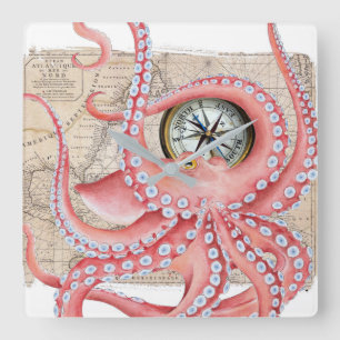Roter Oktopus Vintage-Kartenkompass Quadratische Wanduhr
