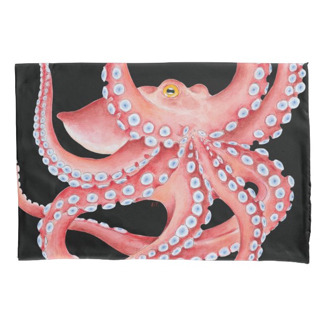 Roter Oktopus Wasserfarbe Schwarz Kissenbezug (Vorderseite)
