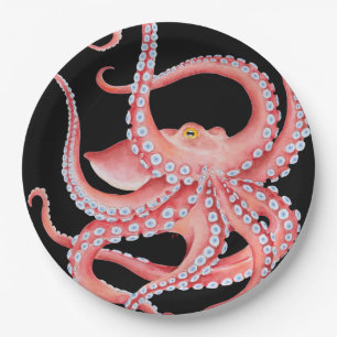 Roter Oktopus Wasserfarbe Schwarz Pappteller
