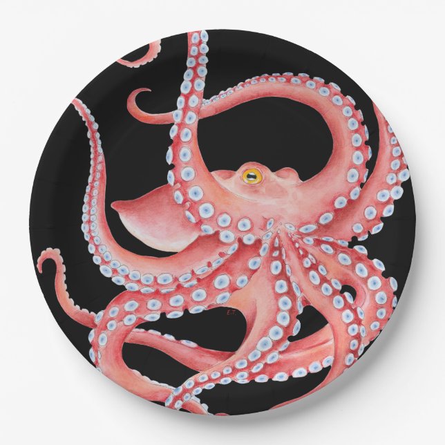 Roter Oktopus Wasserfarbe Schwarz Pappteller (Vorderseite)