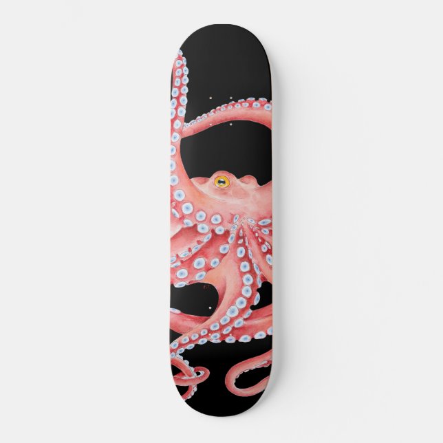 Roter Oktopus Wasserfarbe Schwarz Skateboard (Vorderseite)