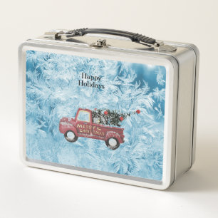 roter Oldtimer-LKW auf blauem Schneeflocken-Hinter Metall Brotdose