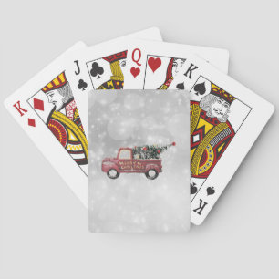 roter Oldtimer-LKW auf grauem Bokeh-Hintergrund Fa Spielkarten