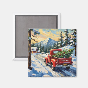 Roter Oldtimer-LKW mit Weihnachtsbaum Magnet