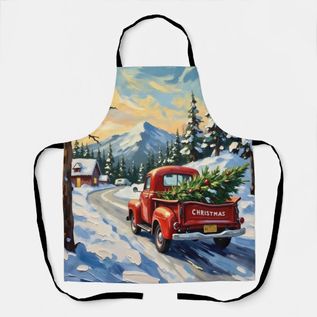Roter Oldtimer-LKW mit Weihnachtsbaum Schürze (Vorderseite)