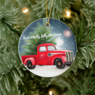 Roter Oldtimer-LKW und Baum individuell gestaltete Keramik Ornament