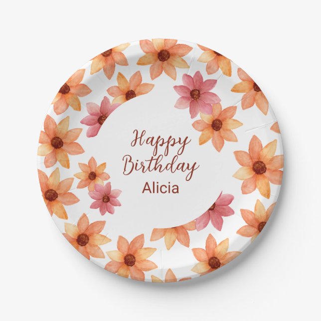 Roter Orange Blume Geburtstag Weißer Tag Pappteller (Vorderseite)