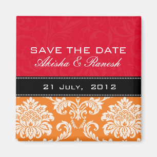 Roter orange Damast-Save the Date Magnet