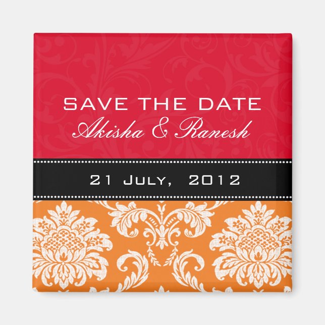 Roter orange Damast-Save the Date Magnet (Vorne)