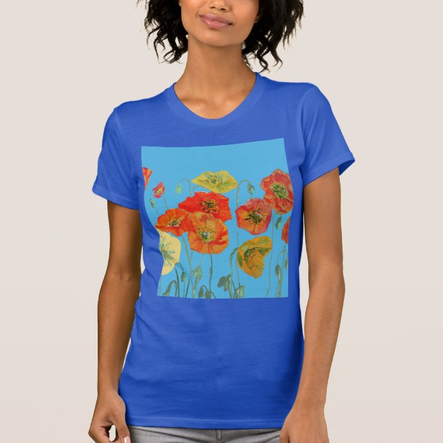 Roter Orange Poppy Blumenbeete Watercolor Blume T-Shirt (Vorderseite)