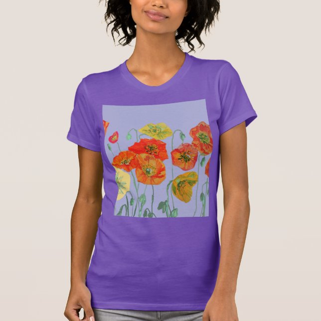 Roter Orange Poppy Blütenfarbe Wasserfarbe Lila Bl T-Shirt (Vorderseite)
