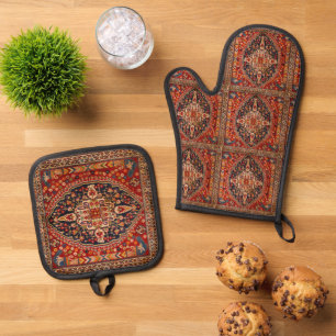 Roter Orange Vintager Oriental Persischer Rug Ofenhandschuh & Topflappen-Set