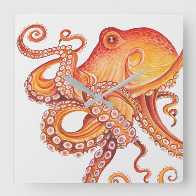 Roter Orangentopf Wasserfarbe Quadratische Wanduhr (Vorderseite)