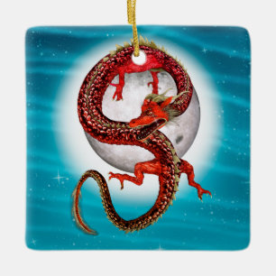 Roter Ostdrache - Mythische Fantasiewesen Keramikornament