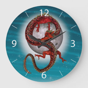 Roter Östlicher Drache - Mythische Fantasy-Kreatur Große Wanduhr