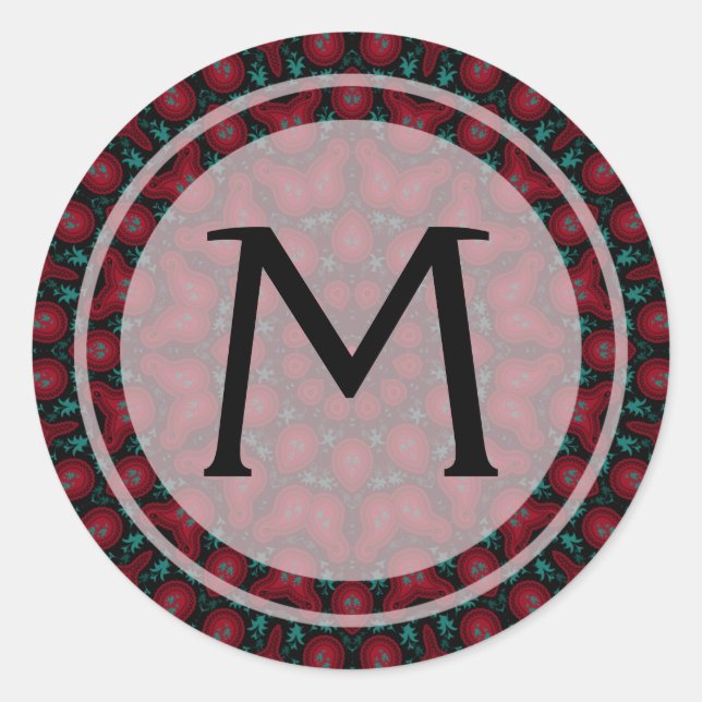 Roter Paisley Kaleidoskop Monogramm-Sticker Runder Aufkleber (Vorderseite)
