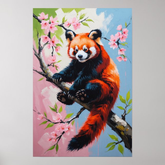 Roter Panda auf blühendem Baum Süße Wildlife-Kunst Poster (Vorne)