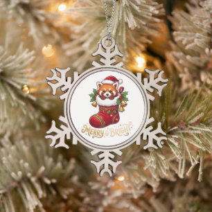 Roter Panda in Weihnachtsstrumpf Merry & Bright Schneeflocken Zinn-Ornament